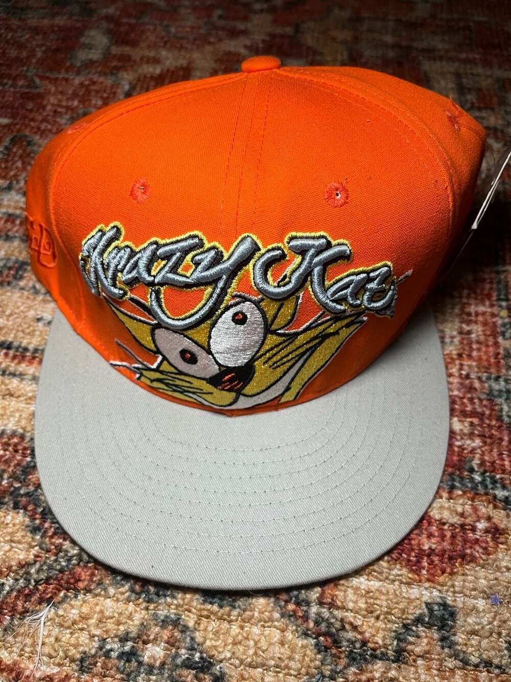 Vintage Krazy Kat Embroidered Snapback Hat Orange Grey
